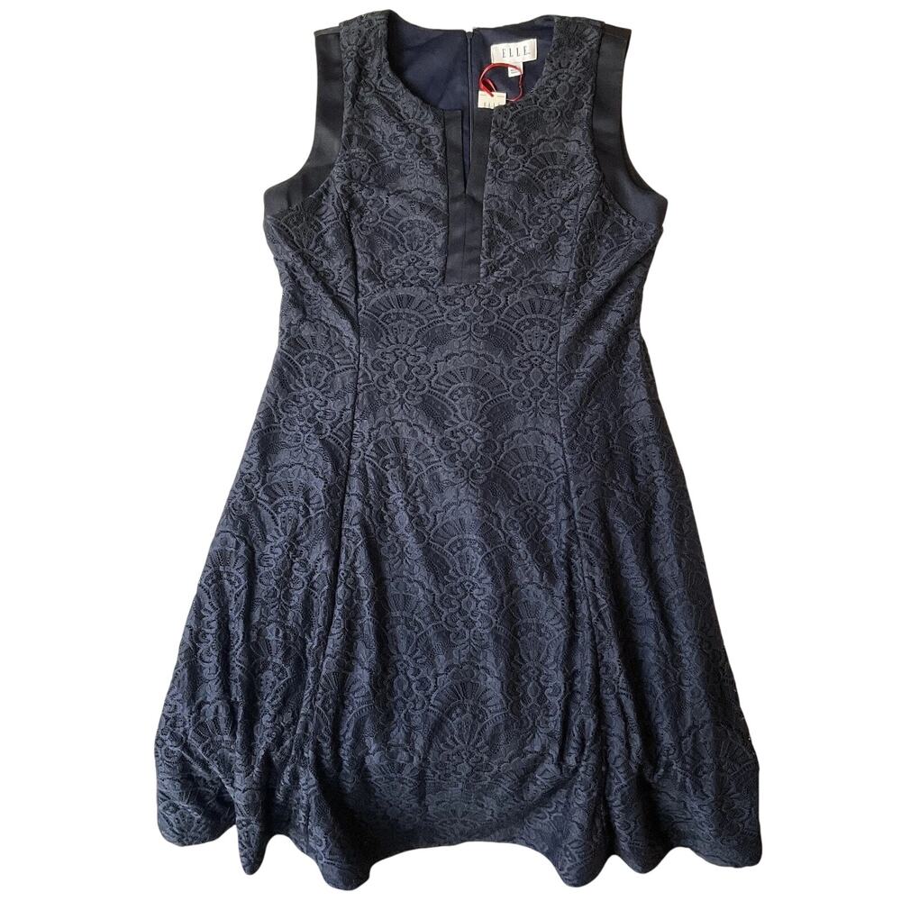 ELLE Women Midi Dress 14 Navy (combo) Nylon Polyester Geometric Fit & Flare Lace